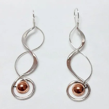 Feather motif earrings-EARRINGS STERLING SILVER SPIRAL COPPER BALL