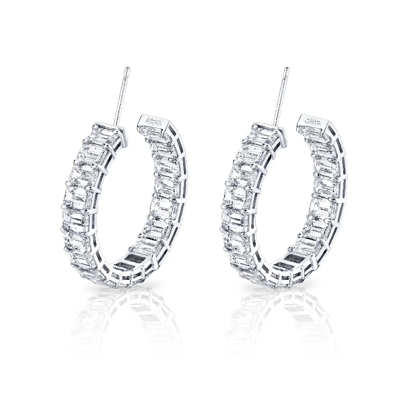 Threader style earrings-Emerald Cut Hoop Earrings in 18k White Gold