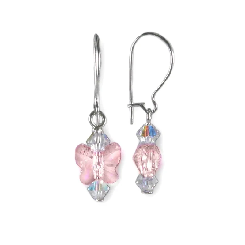 Tiny pearl earrings-Pink Butterfly Earrings Made with Swarovski (R) Crystal Sterling Silver