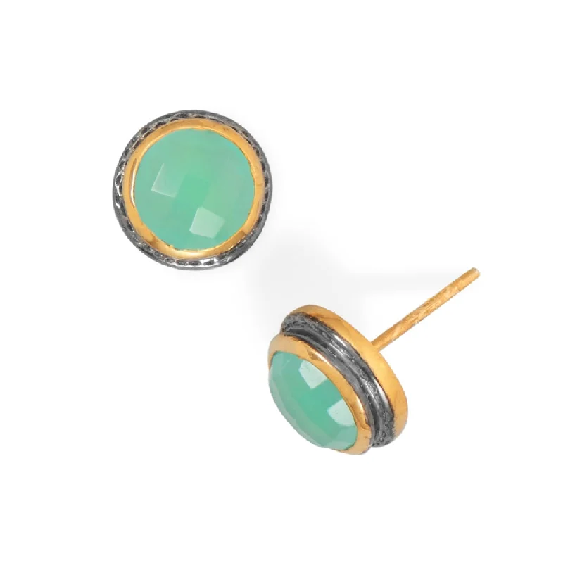 Shell charm earrings-Green Chalcedony Stud Earrings Gold-plated Sterling Silver with Gunmetal Edge