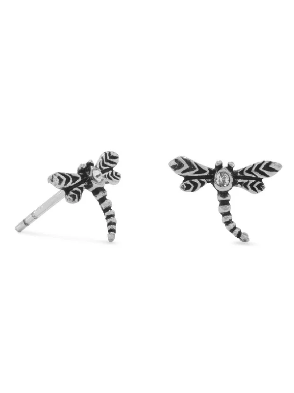 Opal drop earrings-Small Dragonfly Post Stud Earrings with Clear Crystal Accents Sterling Silver