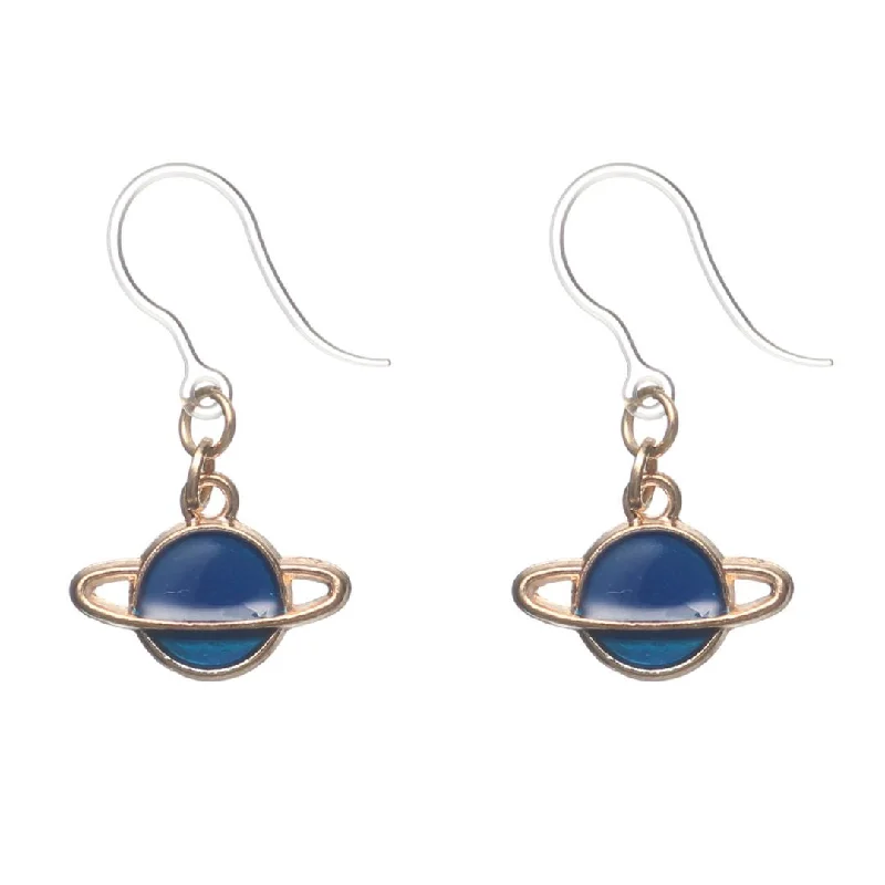 Wrapped gem earrings-Gold Ringed Planet Dangles Hypoallergenic Earrings for Sensitive Ears Made with Plastic Posts