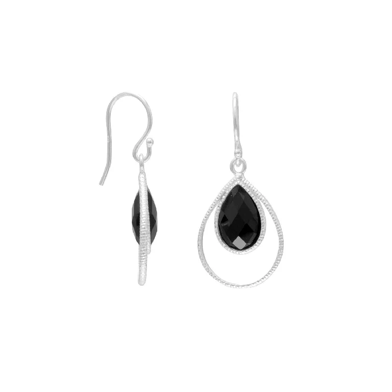 Butterfly charm earrings-Black Onyx Drop Earrings Teardrop Shape Sterling Silver