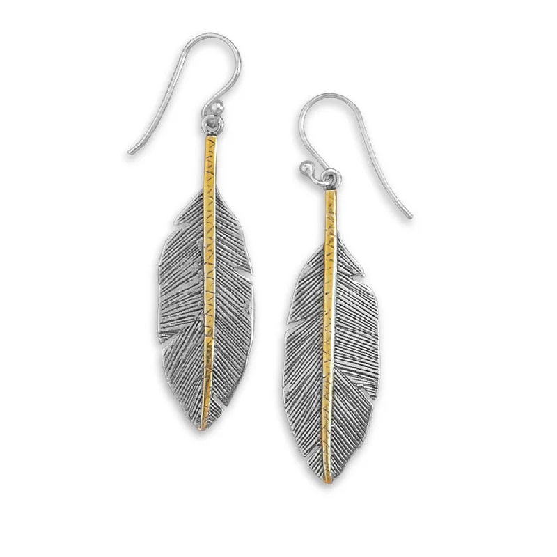 Swarovski earrings-Feather Earrings Two Tone Antique Finish Gold-plated Sterling Silver