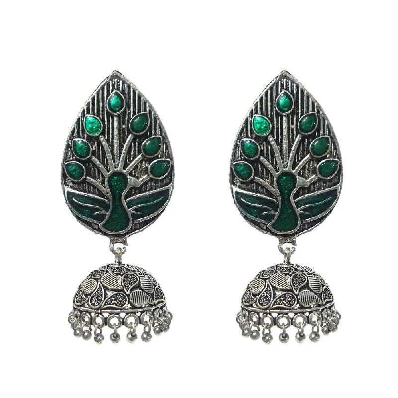 Bold cuff earrings-Silver Oxidized with Jhumka earrings a  unique touch of enamelled work