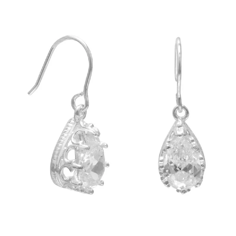 Beaded hoop earrings-Cubic Zirconia Teardrop Earrings with Crown Setting Sterling Silver