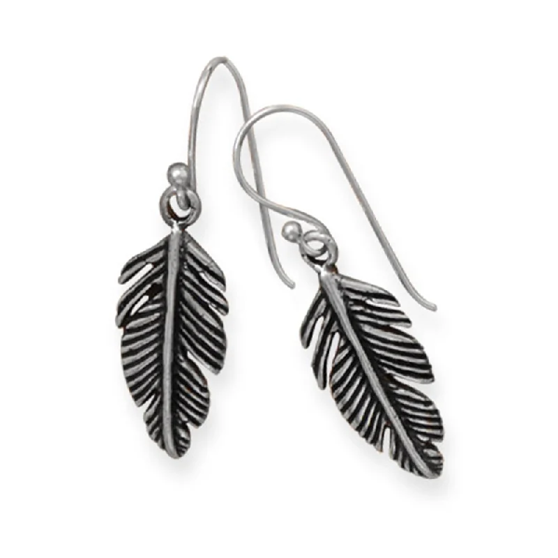 Retro charm earrings-Pinna Feather Design Earrings Antiqued Sterling Silver