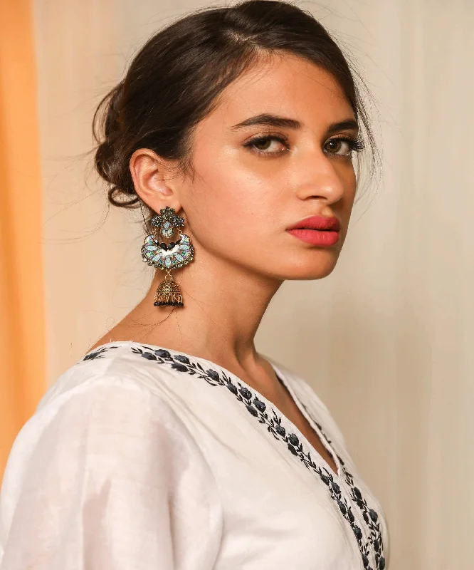 Matte silver earrings-Enamel Work Rajputi Style Stone Studded Artificial Fashion Dangler Earrings Jhumka with Drops for Girls Women