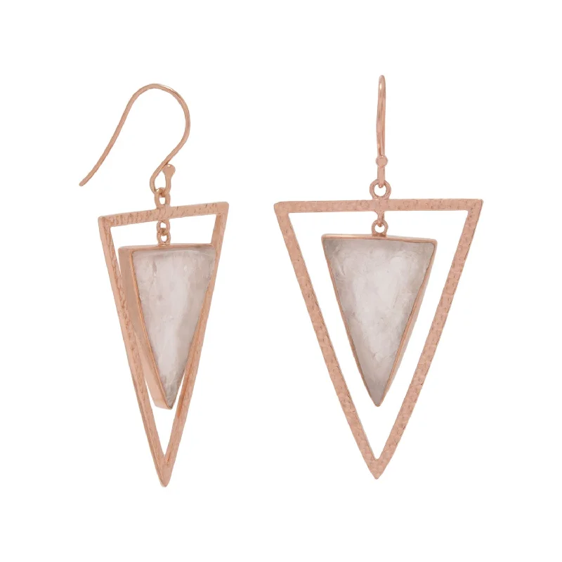 Tiered dangle earrings-Triangle Rose Quartz Earrings Hammered Rose Gold-plated Sterling Silver