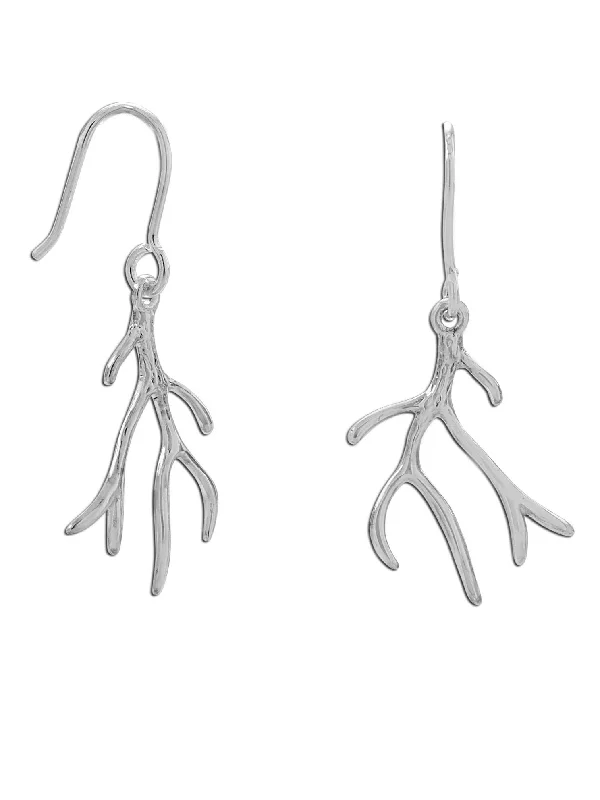 Chevron stud earrings-Branch Antler Design Dangle Earrings Rhodium on Sterling Silver - Nontarnish