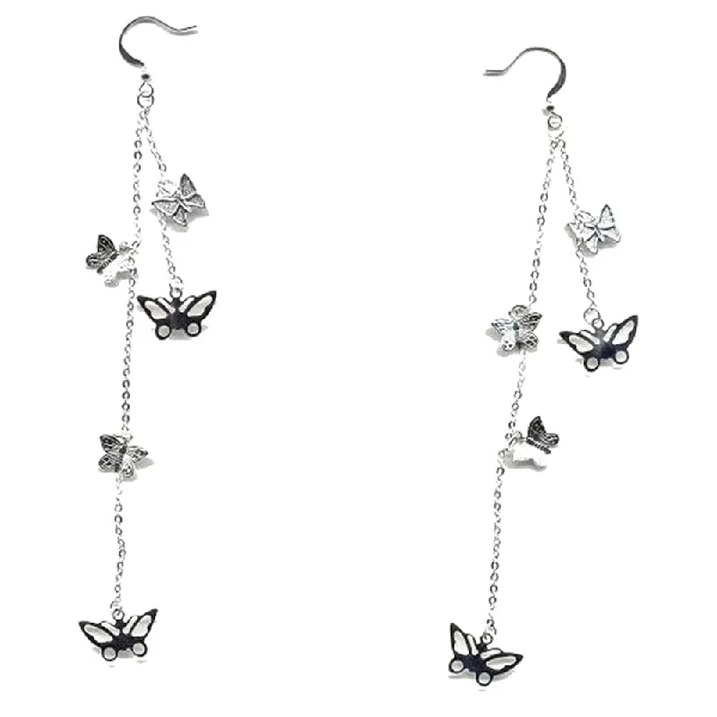 Sculpted drop earrings-AzureBella Jewelry Extra Long Double Chain Butterfly Earrings - Silver Plate