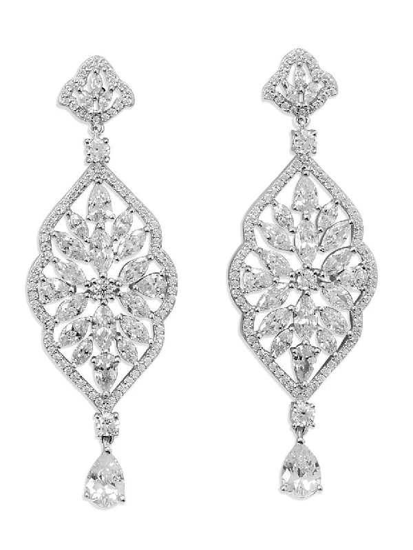 Floral drop earrings-Cubic Zirconia Marquise Dangle Chandelier Earrings Rhodium on Sterling Silver