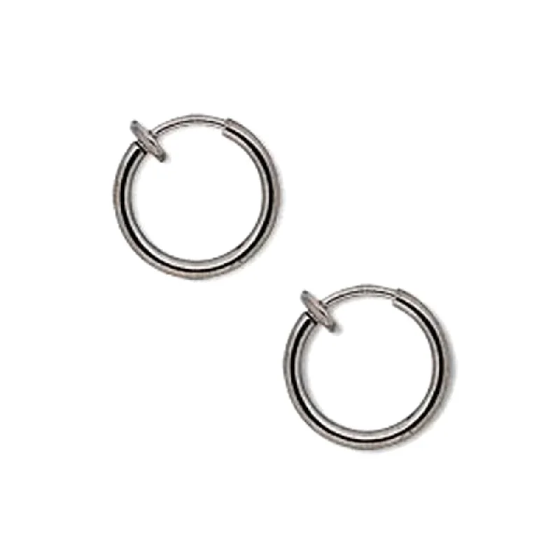 Deco design earrings-Non-pierced Hoop Earrings with Gunmetal Finish 13mm Round