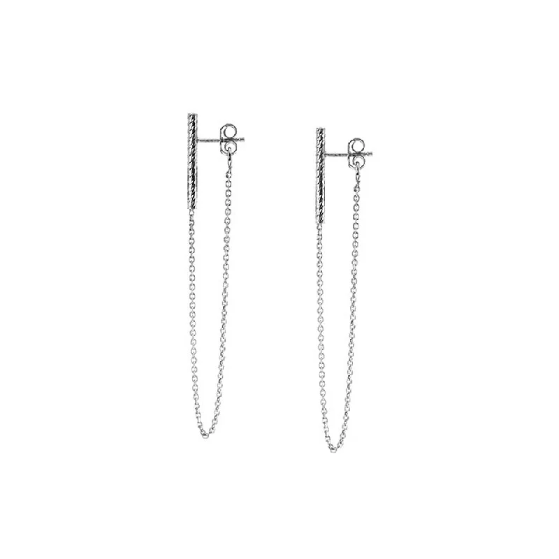 Celestial drop earrings-Front Back Chain Bar Drop Earrings Rhodium on Sterling Silver