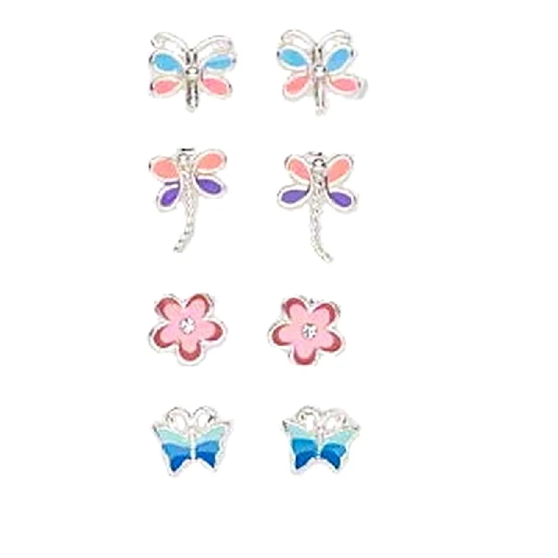 Spiral drop earrings-Set of 4 Post Stud Earrings Butterflies Dragonflies and Flowers Pink Blue Purple