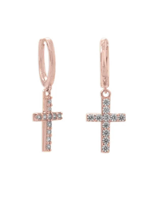 Butterfly charm earrings-Rose Gold-plated Sterling Silver Huggie Hoop Earrings with Dangle Cross