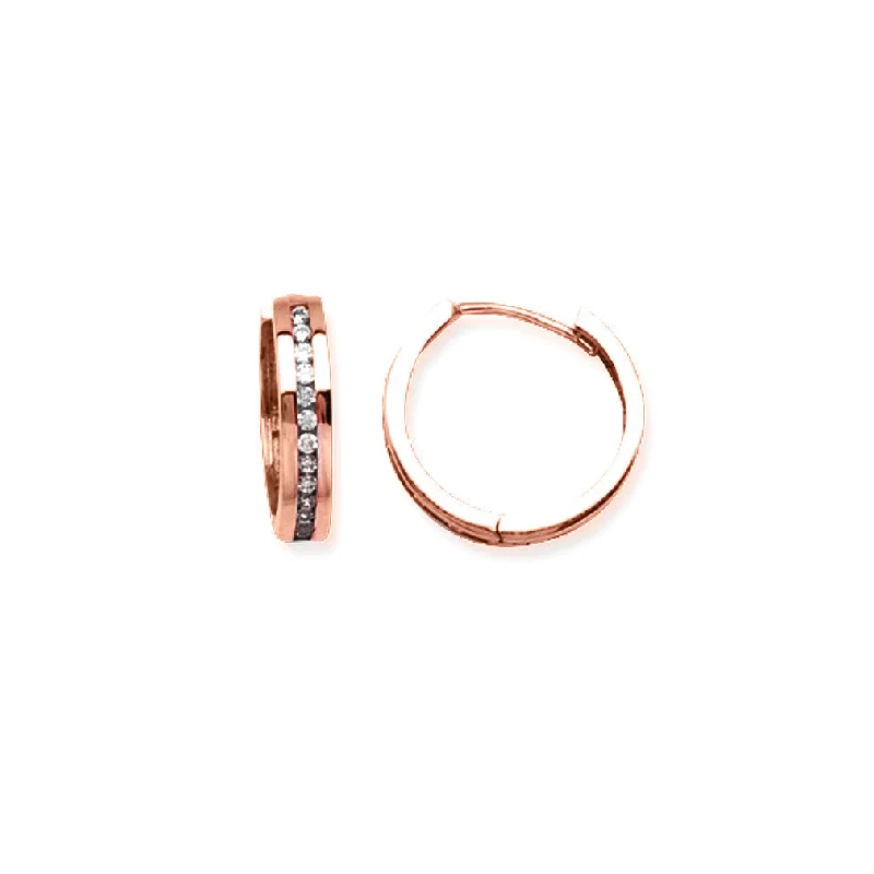 Hollow hoop earrings-14K Rose Gold Polished Huggie Hoop Earrings 12mm with Cubic Zirconia