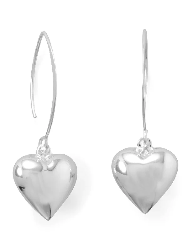 Bamboo hoop earrings-Puffy Polished Heart Dangle Earrings with Marquise Wire Sterling Silver