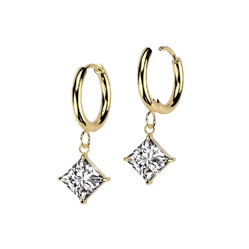 Polymer hoop earrings-Gold Hinge Hoop Earrings with Jewelled Prong Set Diamond Dangle (1 pair) - ER11A