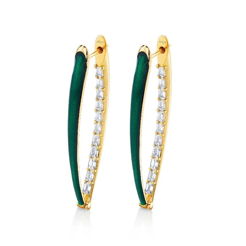 Spiral drop earrings-Emerald Cut Diamonds and Green Enamel Earrings