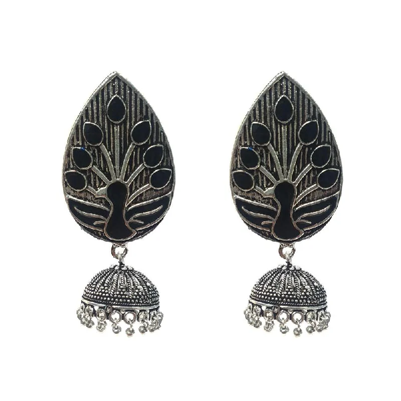 Deco design earrings-Silver Oxidized with Jhumka earrings a  unique touch of enamelled work