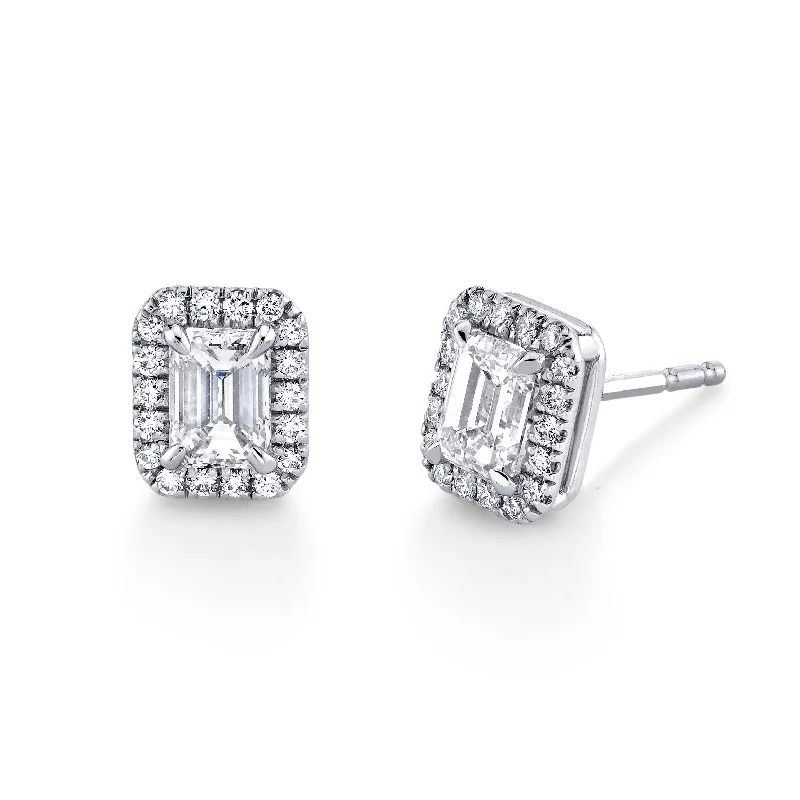 Tiny pearl earrings-Emerald-cut Diamond Halo Studs