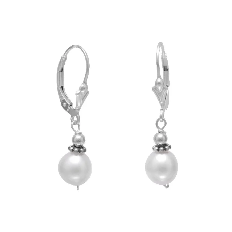 Bold cuff earrings-White Cultured Freshwater 8mm Pearl with Bali Bead Lever Earrings