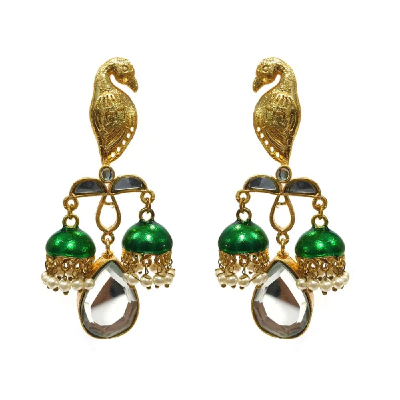 Aged gold earrings-Kundan and Meena Peacock earrings with double Jhumka Green