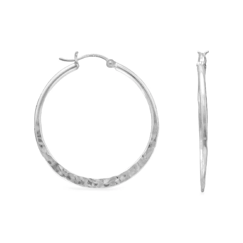 Threader style earrings-Hoop Earrings 34mm Hammered Sterling Silver Click Close