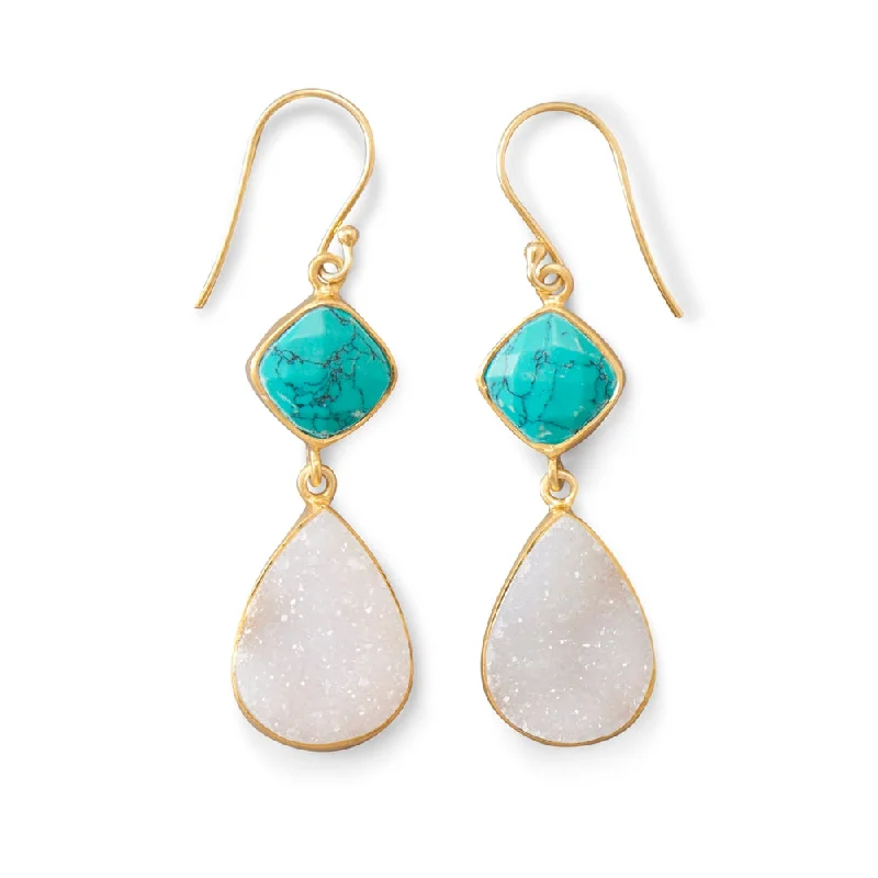 Knot accent earrings-White Druzy and Stabilized Turquoise Earrings Gold-plated Sterling Silver