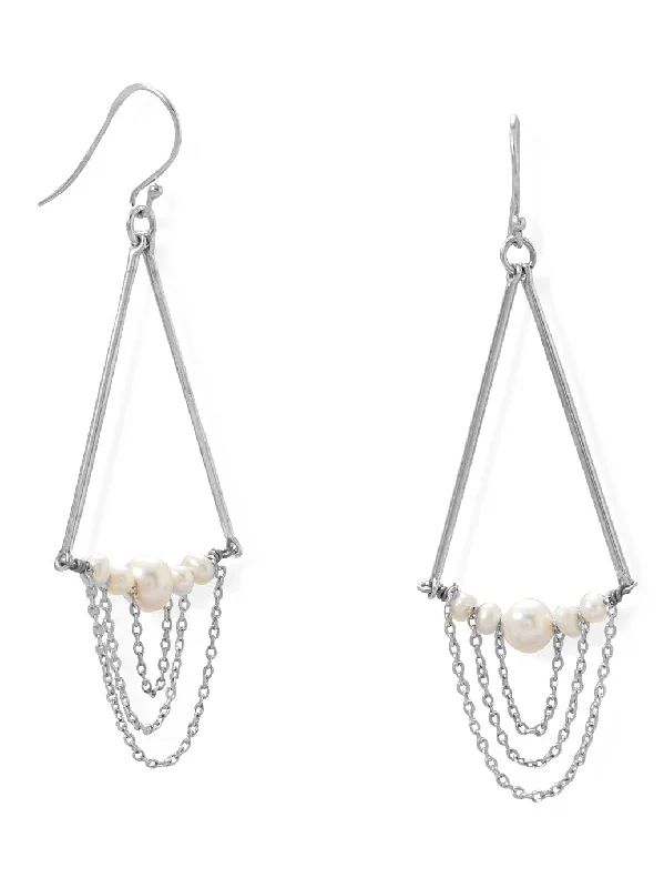 Knot accent earrings-Cultured Freshwater Pearl Earrings Sterling Silver Triangle Triple Chain Drop