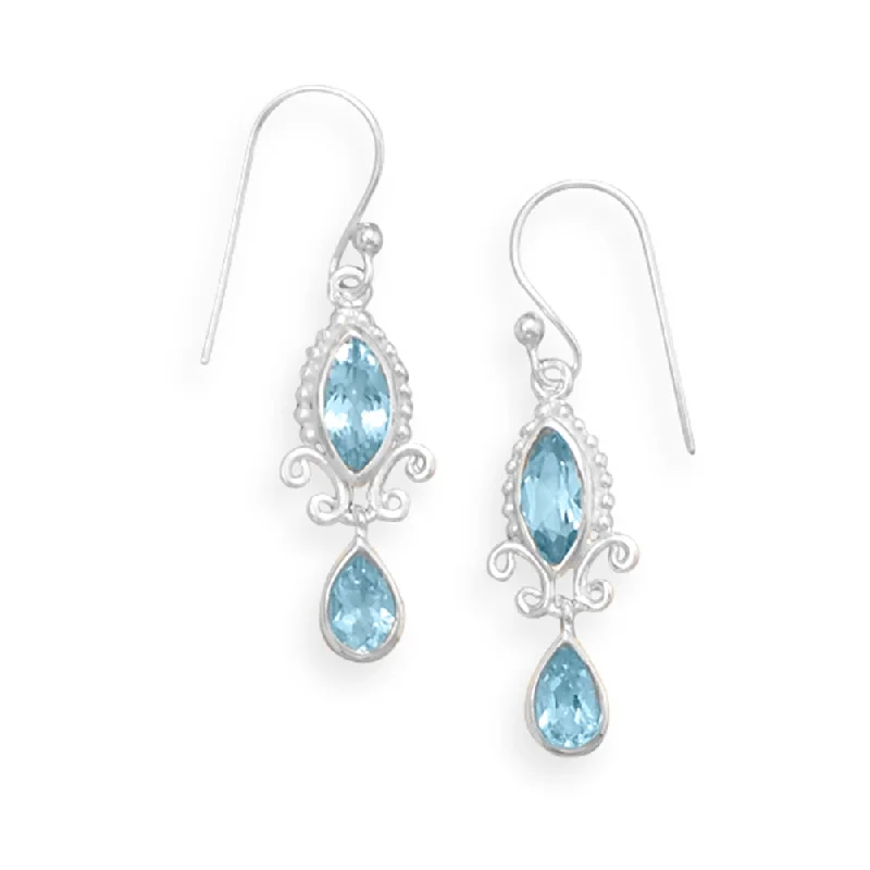 Tribal bead earrings-Blue Topaz Earrings Marquise and Pear Shape with Bead and Scroll Fancy Setting