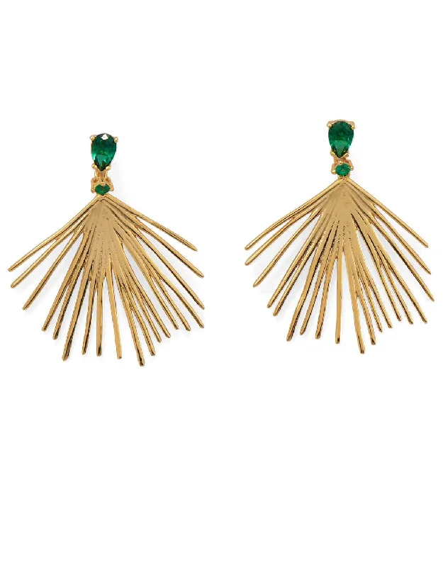 Threader style earrings-Green Cubic Zirconia Fan Earrings 14k Gold-plated on Sterling Silver