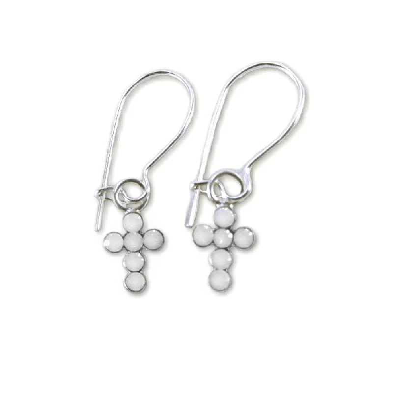 Hexagonal drop earrings-Cross Earrings with Opal-color Swarovski(R) Crystals Sterling SIlver