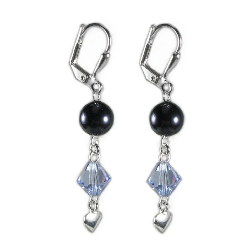 Swarovski earrings-Blue Swarovski(R) Crystals and Imitation Pearl Earrings Lever Backs Heart Charm