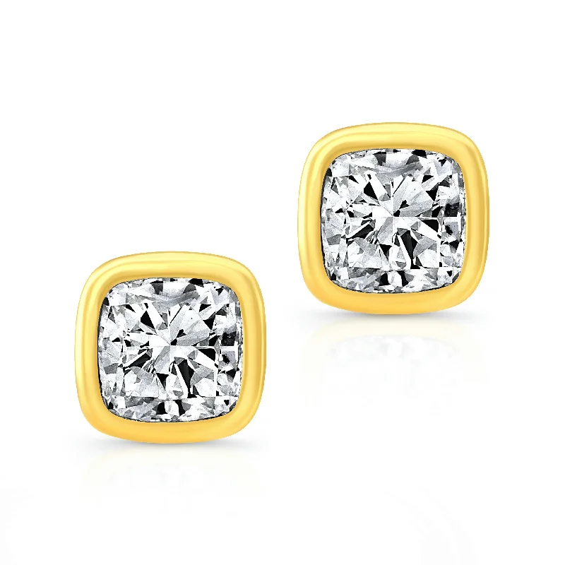 Aged gold earrings-Cushion Cut Diamond Bezel Studs