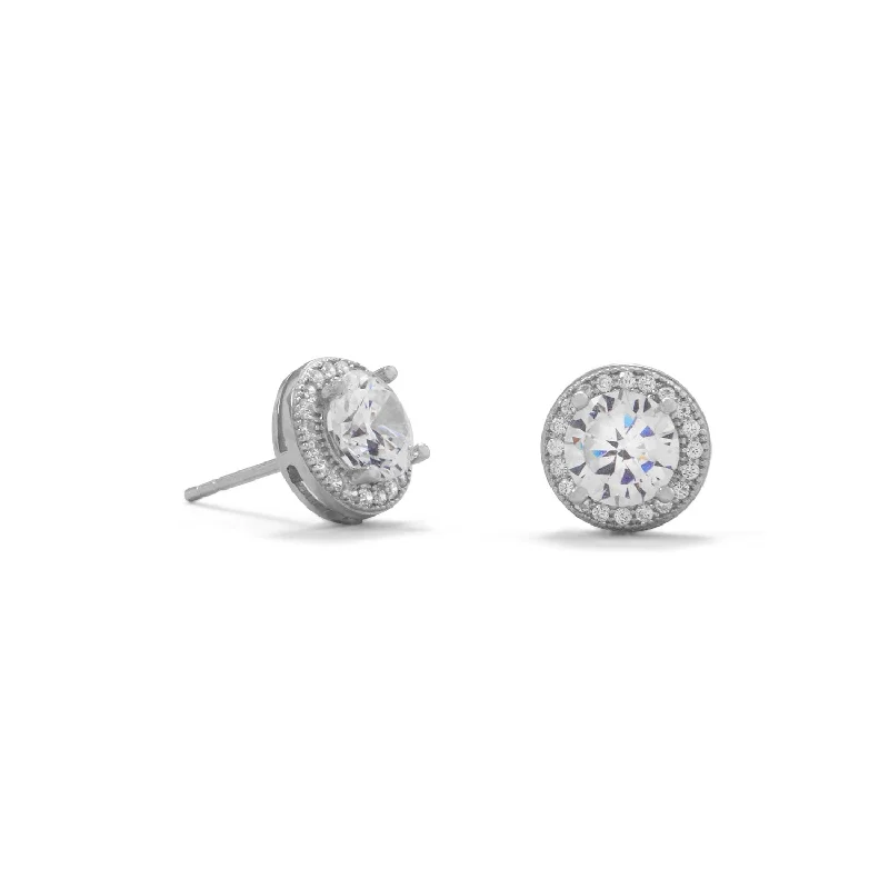 Hollow hoop earrings-Cubic Zirconia Halo Stud Earrings Rhodium-plated Sterling Silver - Nontarnish