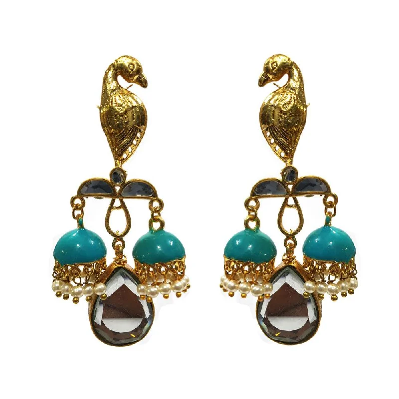 Velvet accent earrings-Kundan and Meena Peacock earrings with double Jhumka Teal Color