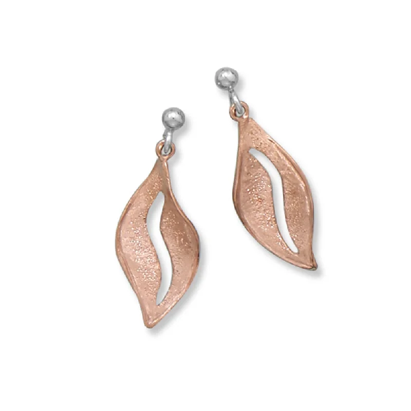 Textured gold earrings-Rose Gold-plated Sterling Silver Leaf Ball Post Drop Earrings