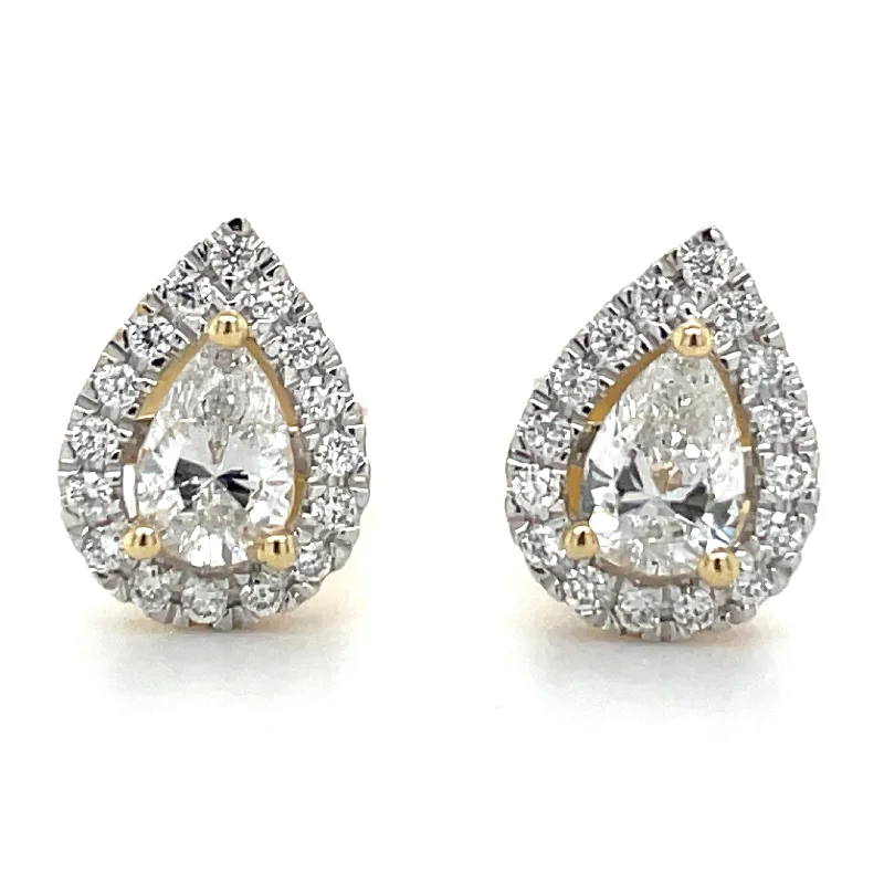 Floral stud earrings-14ct Yellow Gold Laboratory Grown 0.70ct Pear Halo Diamond Earrings