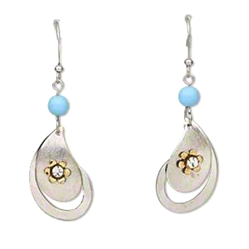 Textured gold earrings-Dangle Earrings with Blue Bead and Gold-plated Flowers Rhodium Plate