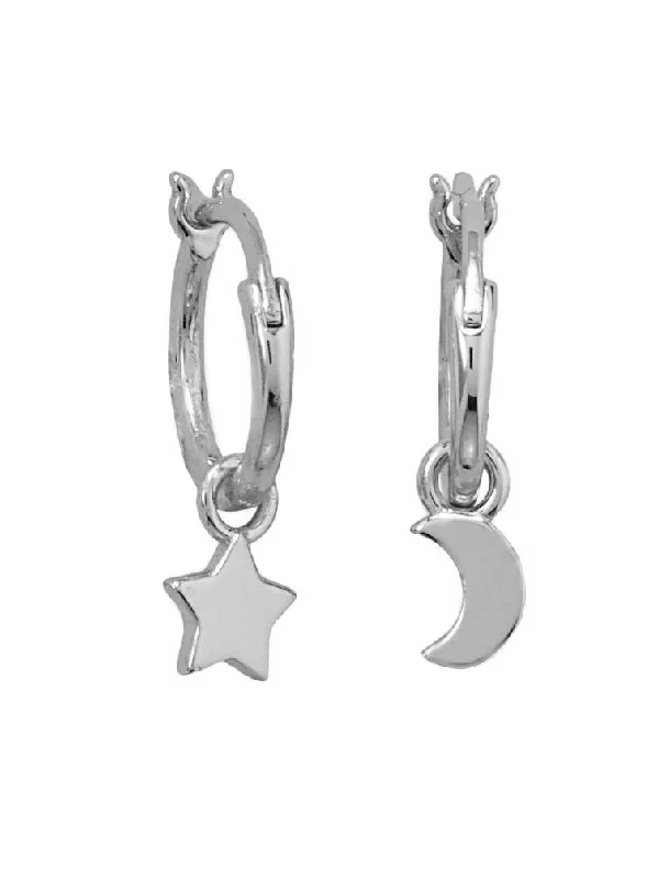 Quartz charm earrings-14k Gold-plated Hoop Earrings with Dangling Moon and Star Charms