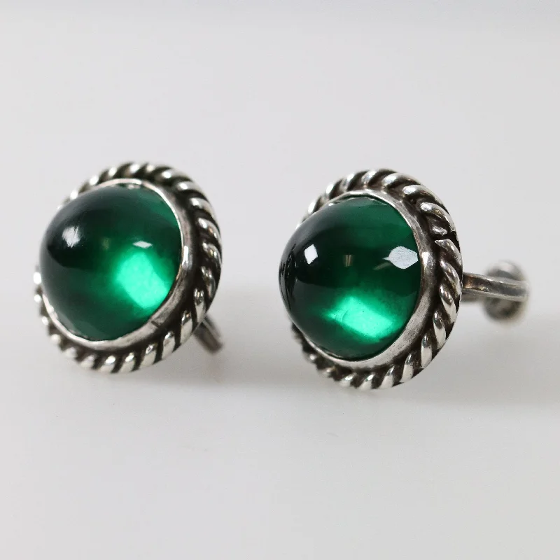 Wrapped gem earrings-Vintage Los Castillo Taxco Silver Mexican Jewelry | Mid-Century Green Glass Earrings