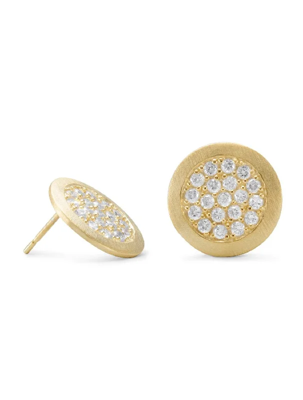 Velvet accent earrings-Button Post Stud Earrings Yellow Gold-plated with Pave Cubic Zirconia