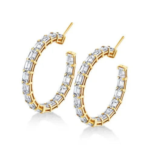 Textured gold earrings-East-West Emerald Cut Diamond Hoop Earrings