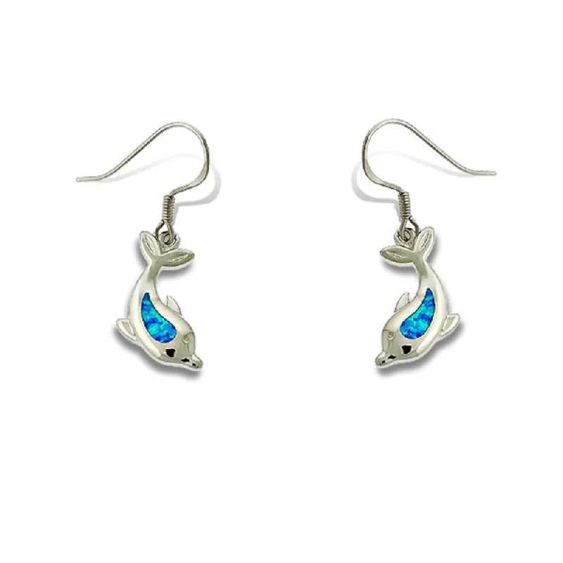 Two-tone earrings-Dolphin Earrings with Simulated Blue Opal Inlay Sterling Silver