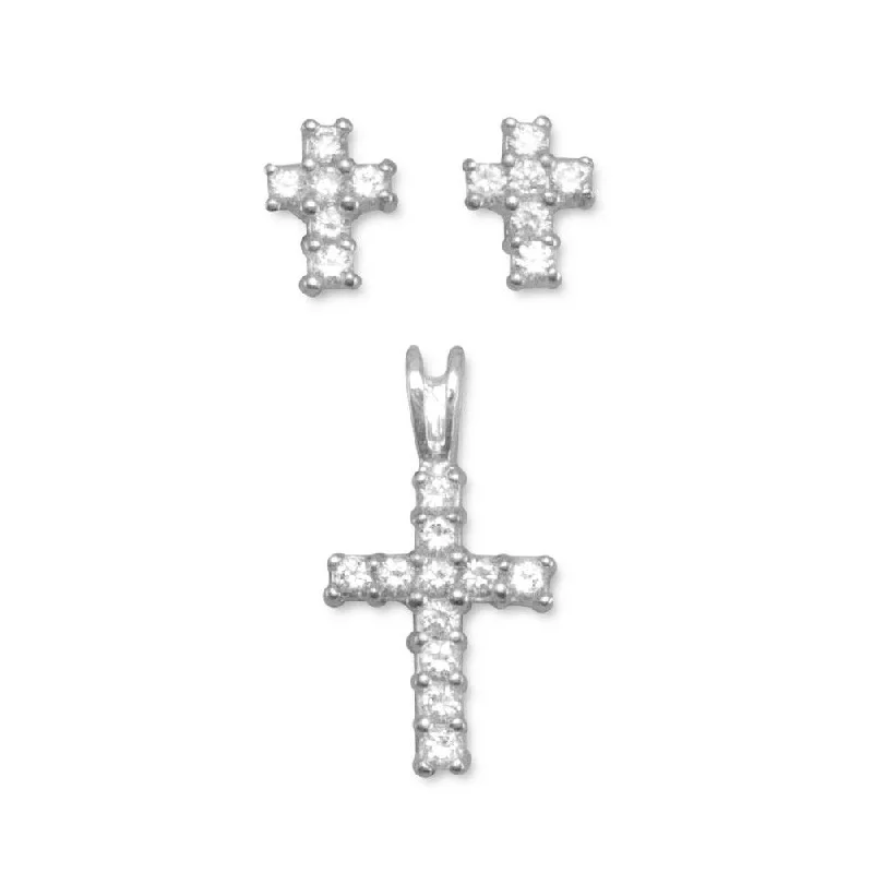 Antique silver earrings-Cross Cubic Zirconia Sterling Silver Earrings and Pendant Set