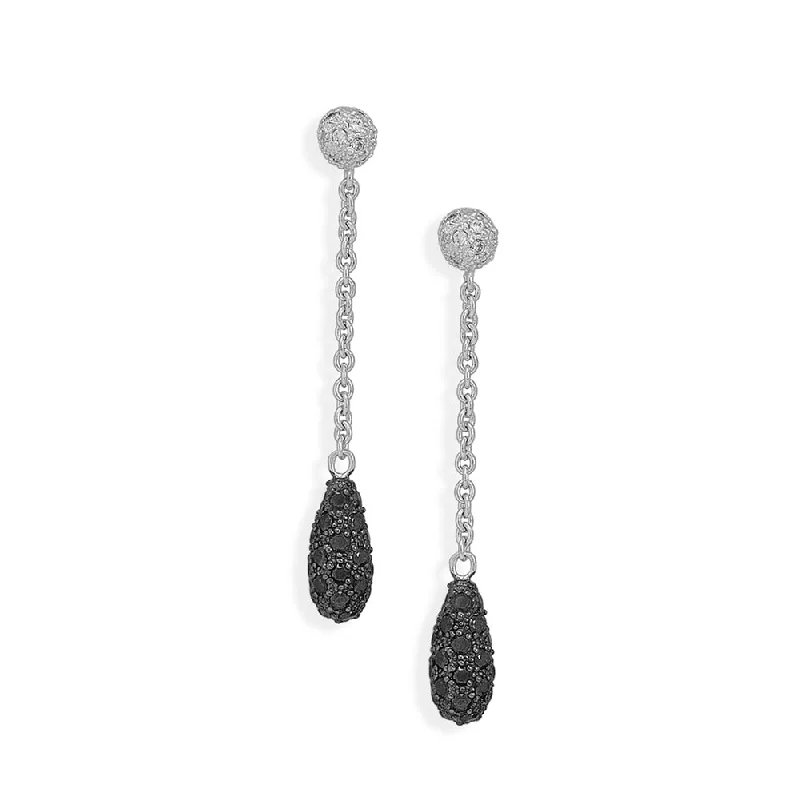 Drop crystal earrings-Black Cubic Zirconia with Clear CZ Pave Post Chain Earrings Sterling Silver