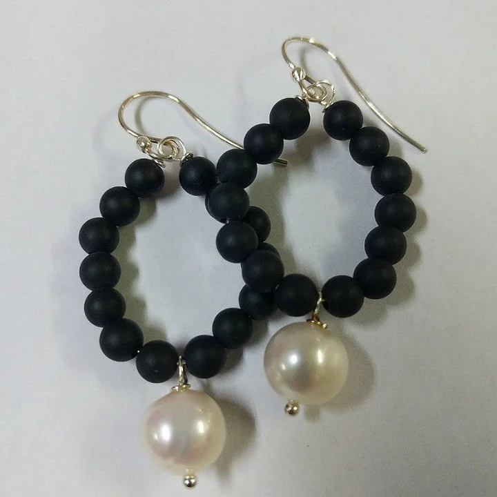 Baroque pearl earrings-MOKO EARRINGS UNPOLISHED ONYX 925 HOOKS