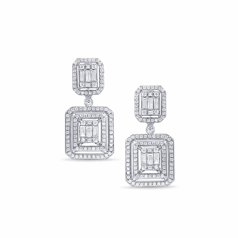 Tribal stud earrings-Double Baguette Diamond Halo Drop Earrings 18k